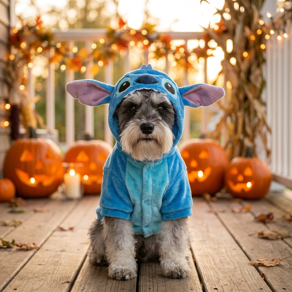 Blue Alien Suit - autumn porch with pumpkins at golden hour