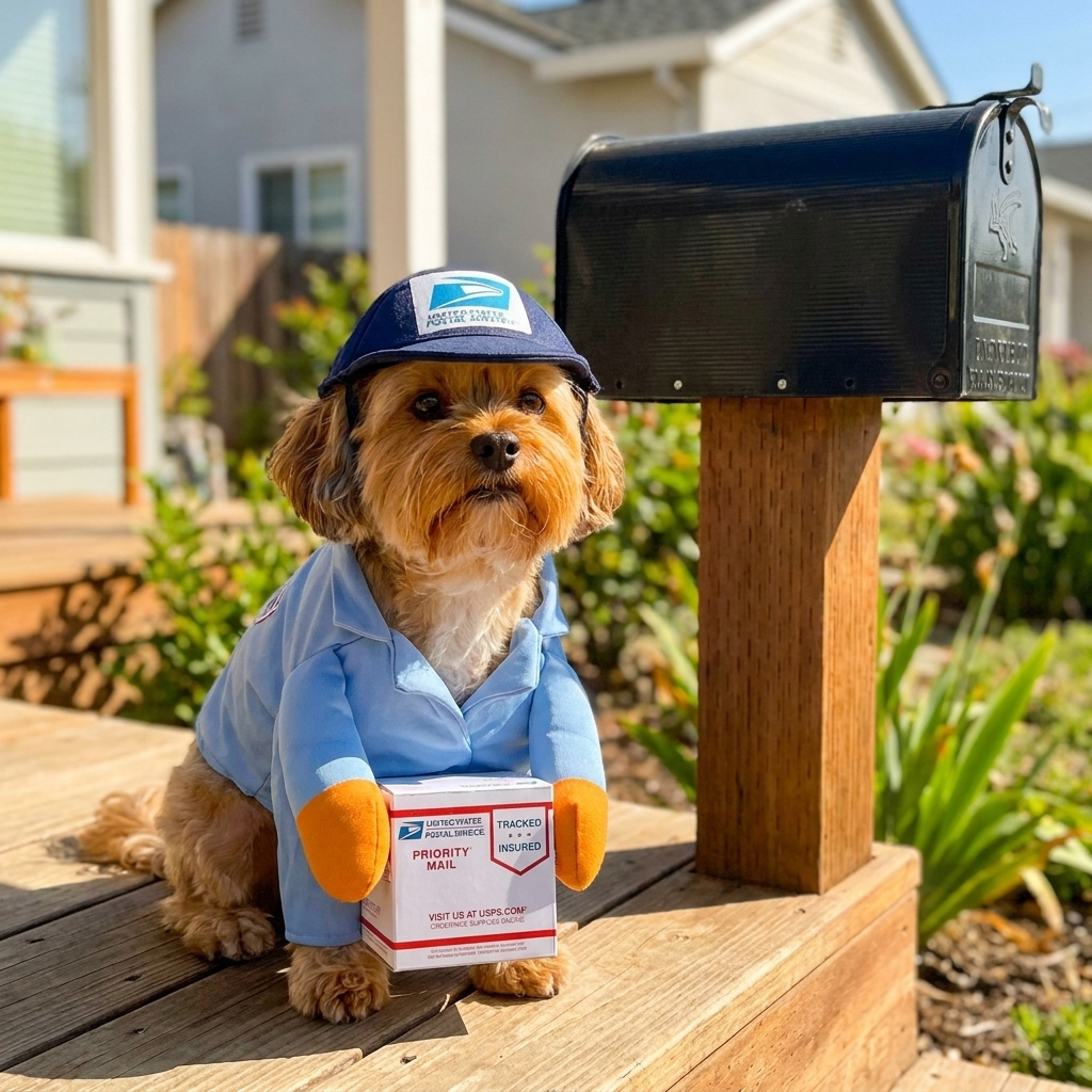 Delivery Pup Suit blue - sunny porch next to mailbox