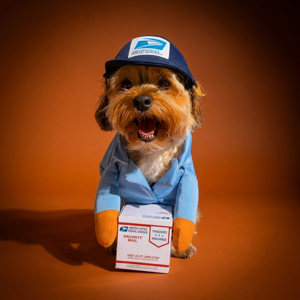 Delivery Pup Suit blue on branded orange studio backdrop
