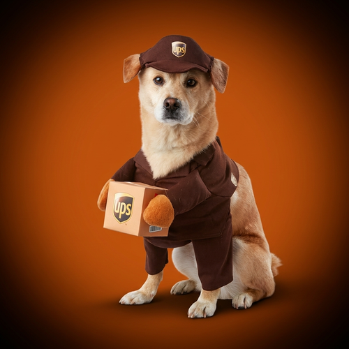 Delivery Pup Suit brown on branded orange studio backdrop