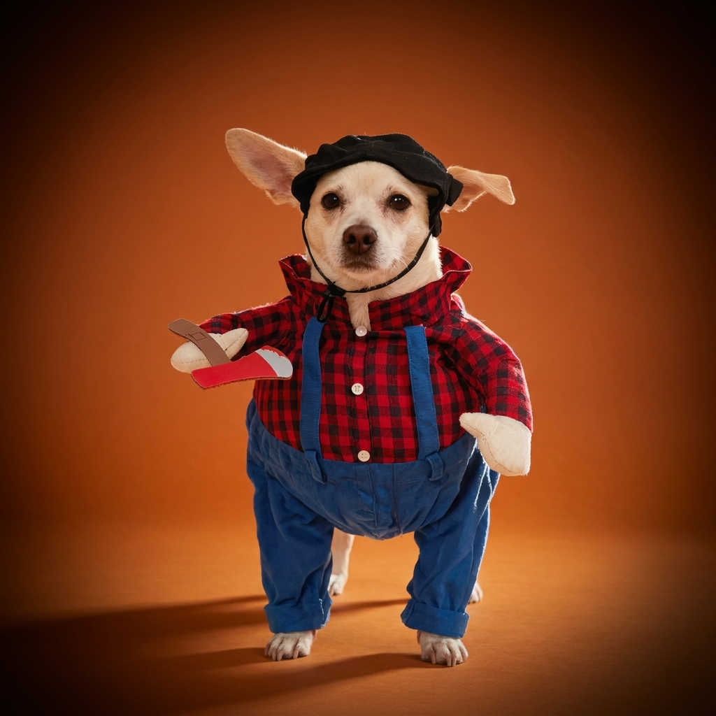 Lumberjack Suit dog costume on branded orange studio backdrop