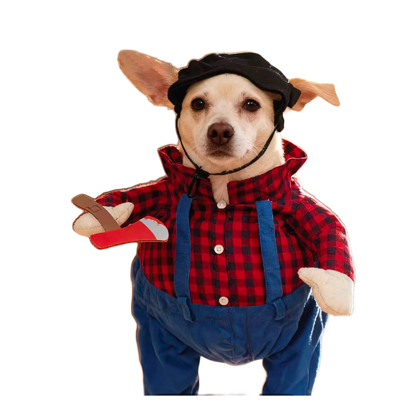 Lumberjack Suit dog costume - red plaid shirt, blue overalls, felt axe