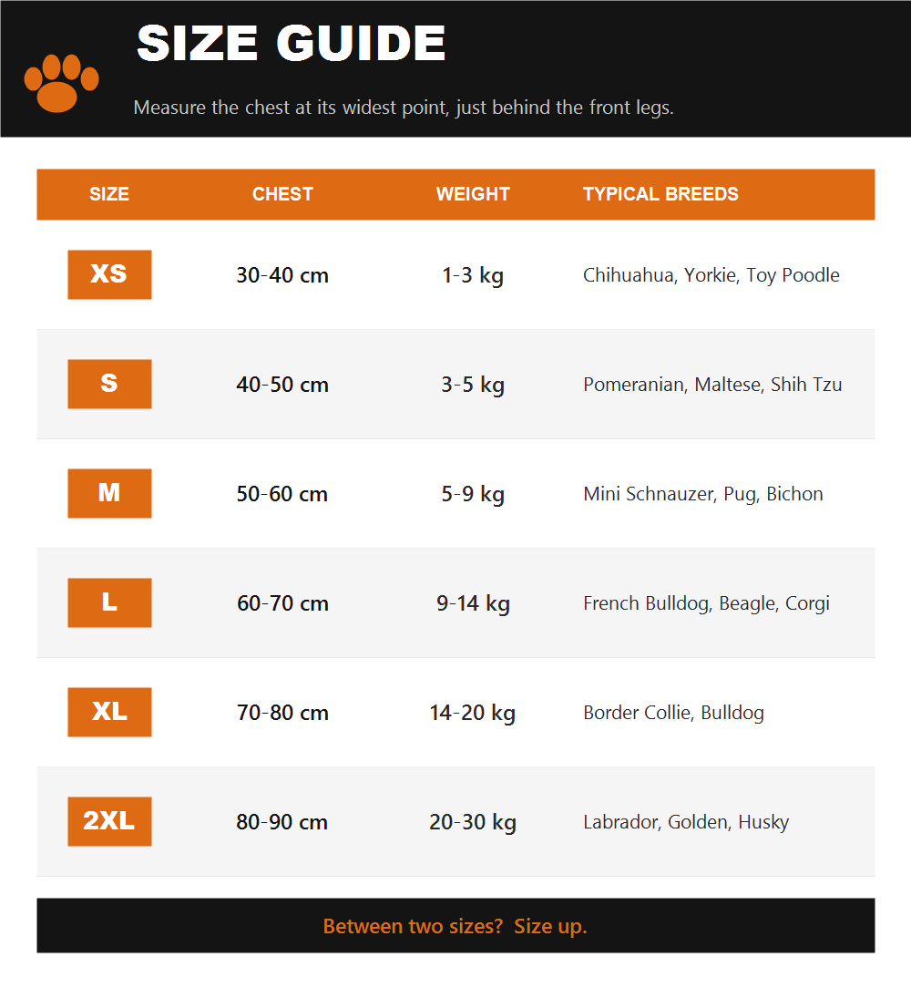 SPOOKY PAWS size guide - chest measurement chart XS to 2XL